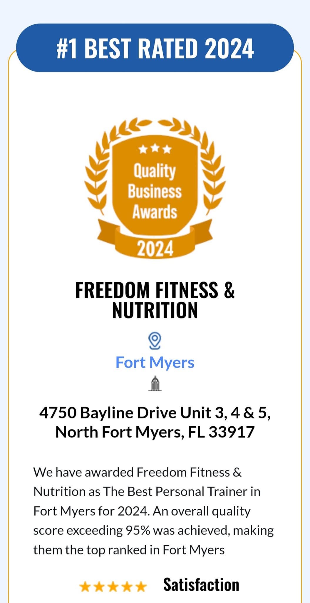 Quality Business Awards certificate: #1 Best Rated 2024, Freedom Fitness & Nutrition, Fort Myers