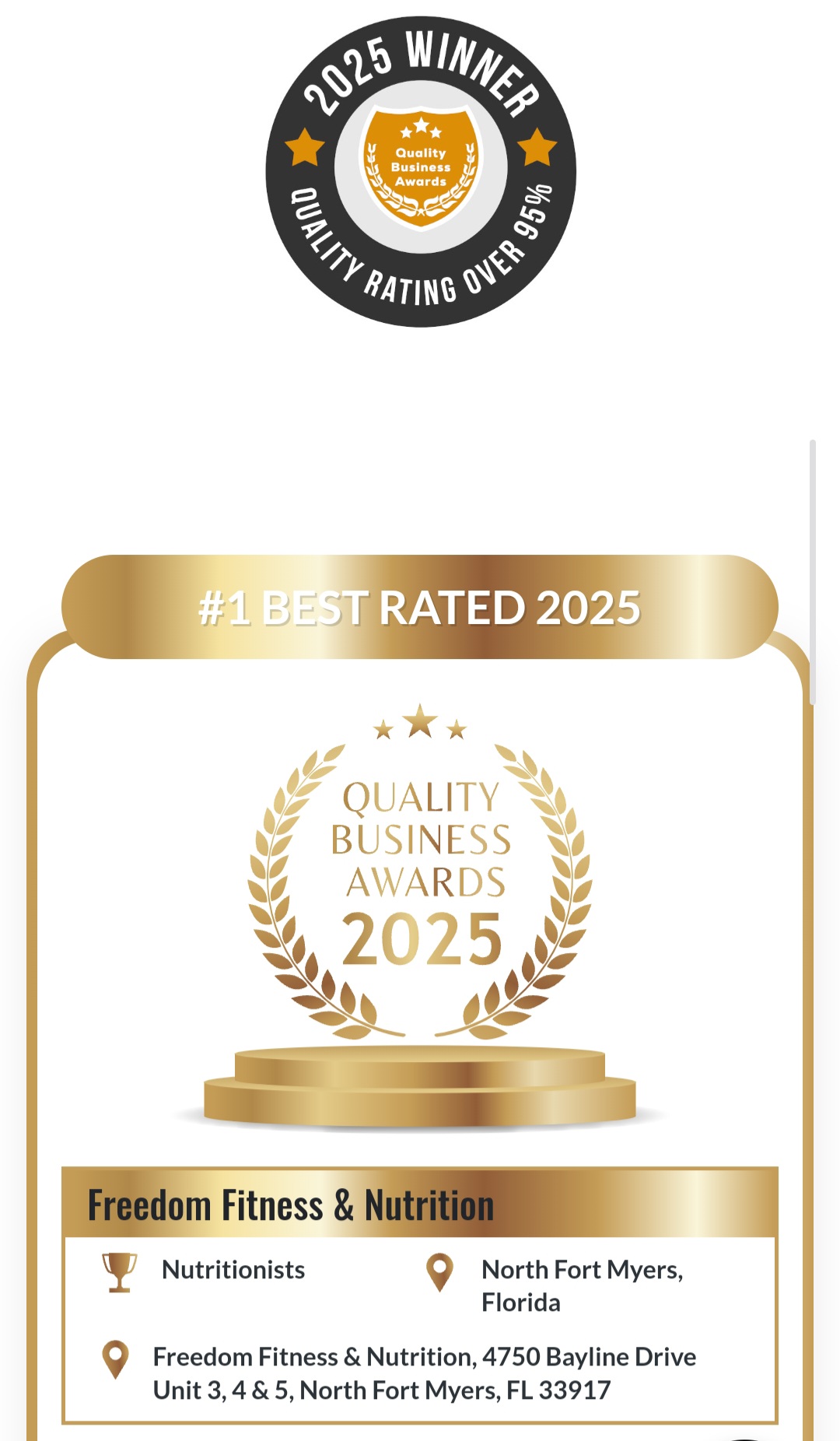 Quality Business Awards 2025 recognition for Freedom Fitness & Nutrition